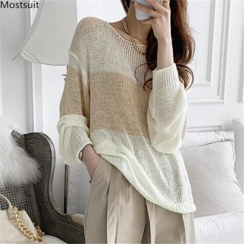 Summer Casual See Through Knit Tops Women Loose Thin Sweater Korean Ladies Jumpers Long Sleeve O-neck Pull Sexy Femme Pullover