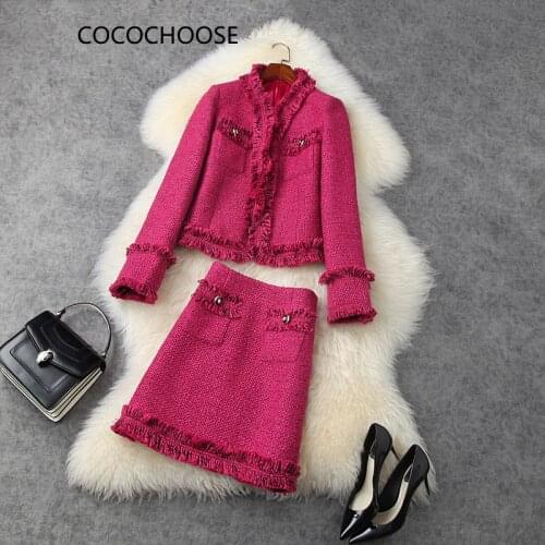 Stunning 2021 Autumn Winter women brand tassel tweed jacket outerwear + high waist mini skirt suits set office 2 piece outfits