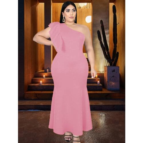 Pink Long Prom Dresses One Shoulder Ruffles Bodycon Mermaid Yellow Women Evening Birthday Party Curve Plus Size Dress Autumn New