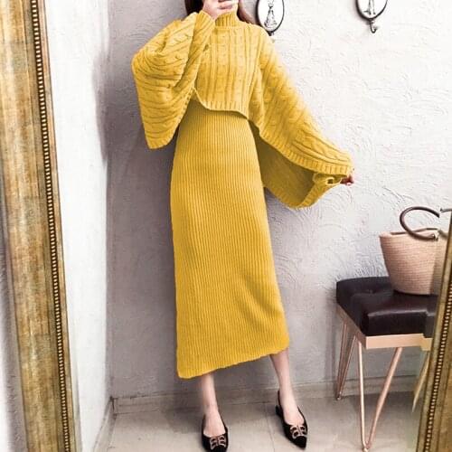Fashion Vintage Knitted Twist Thick Sweater Dress Women Turtleneck Batwing Sleeve Long Dress Out Wear Two Piece Set Robe Femme