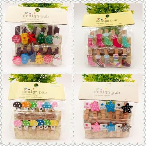 10/12pcs Christmas mushroom Wooden Clips Photo Paper Craft Memo Clip With Hemp Rope DIY Clothes Peg Message Stickers Decoration