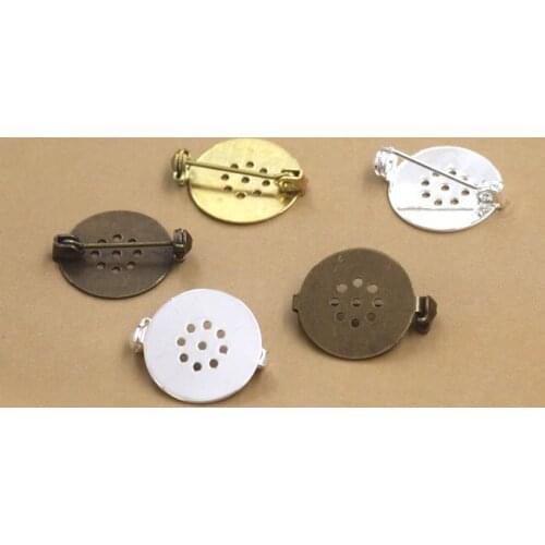 17mm Blank Brooches base Flat Filigree Pad Metal Back Pins Settings Cameo Cabochons DIY Findings Multi-color Plated Wholesale