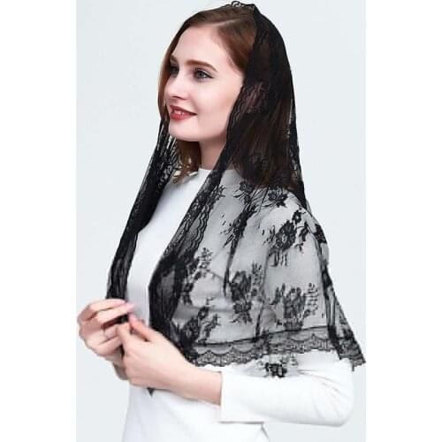 2020 Black Wedding Cape Muslim Ladies Lace Shawl Scarf Bridal Mantillas For Church Wedding Lace Veil Catholic