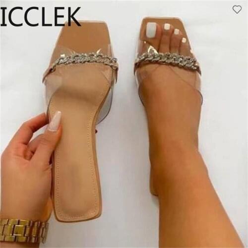 2021 Summer Elegant Womens Slippers Fashion New Metal Chain Decoration Mules Slides Pumps Square Toe Ladies Zapatos De Mujer