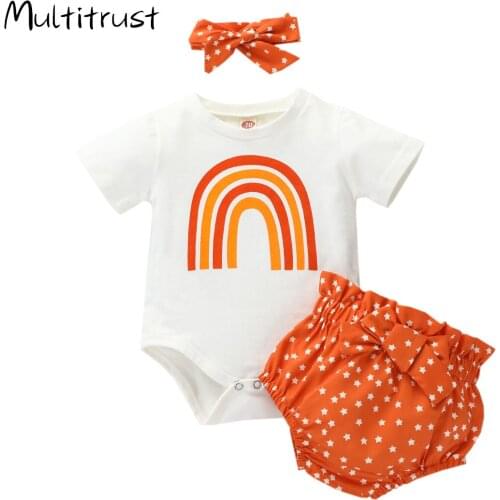 3Pcs Rainbow Set Newborn Baby Girl Summer Shorts Outfit Bodysuit +Short Pants+Headband Clothes