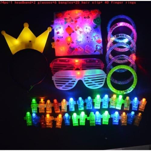 74pcs LED Glow Party Favor Supply Crown Tiara Headband Light Finger Lights Flashing Glasses Neon Party Bracelets Glow Props