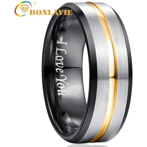 BONLAVIE 8MM Classic 100% Tungsten Carbide Ring for Men Engrave I love You Wedding Bands Tungsten Rings For Men Women Gift