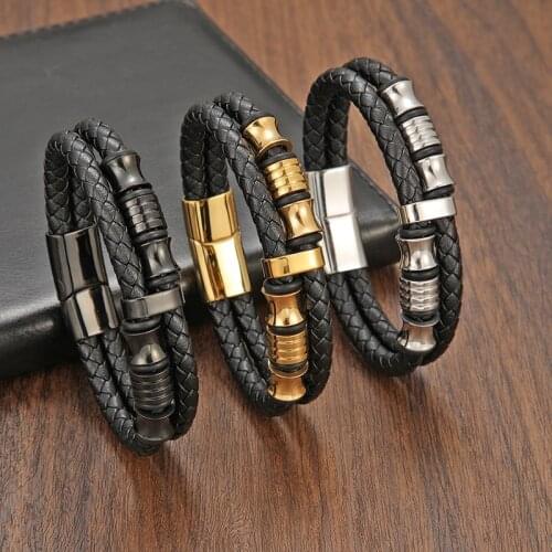 TeHao The New Fashion Mens Bracelet Stainless Steel Gold Luxury Multicolor Selection Black Leather Bracelet Bangles