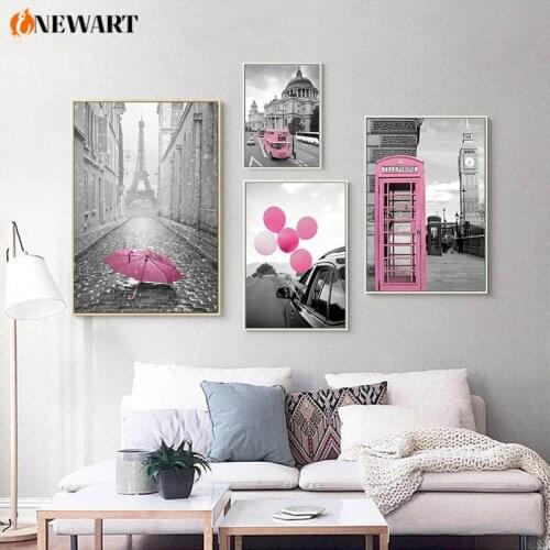 Black White Pink Modern City Wall Art Poster Print Paris Canvas Painting Abstract Tourise Bus Telephone Booth Decoration Home