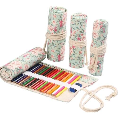 Kawaii Flower Pencil Case Canvas 12/24/36/48/72 Holes Roll School Penal Pencilcase for Girls Boys Cute Pen Case Stationery Pouch