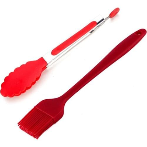Red BBQ Tongs Basting Brush Set Silicone Barbecue Oil Sauce Brushes Kitchen Grill Food Meat Tongs BBQ Tools Kitchen Utensil Set