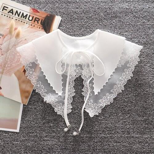 Linbaiway Summer Women White Fake Collar Girl Lace Floral False Collar Big Lapel Detachable Necklace Shawl Bowknot Cape Faux Col