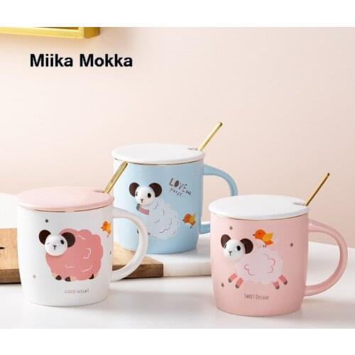 Cartoon Cute Lovely 3D Sheep Ceramic Mug Cute Coffee Mug with Lid Spoon Home Breakfast Cup Pink Blue Milk Cup Water Cup Gift