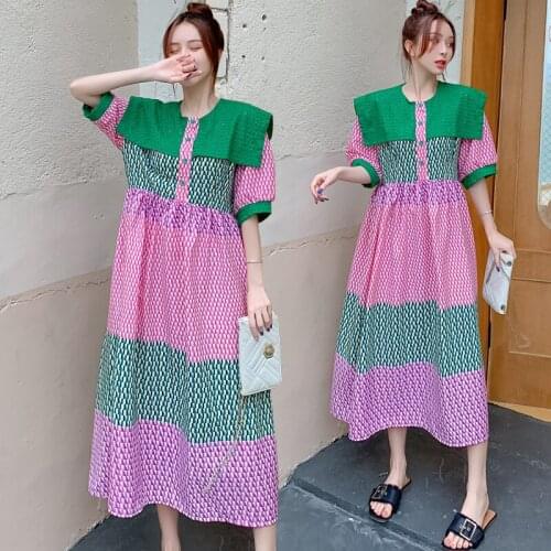 Pregnant Women Breastfeeding Dress Large Lace Tutn-Down Collar Patchwork Block Color Maternity Nursing Dress Fashion Beach Dress