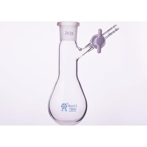 Eggplant-shaped reaction bottle,long neck standard ground mouth,100ml 24/29,Eggplant-shaped flask,PTFE switch valve