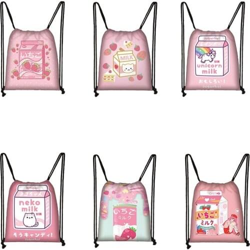 Strawberry Milk Backpack Women Drawstring Bag Lolita Girls Harajuku KawaiiShopping Bags for Travel Bundle pocket Bookbag