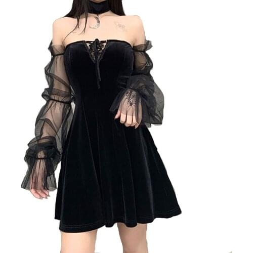 Streetwear Gothic Vintage Lace Up Black Dress Aesthetic Mesh Long Sleeve Mini Sundress Women Harajuku High Waist Party Dress