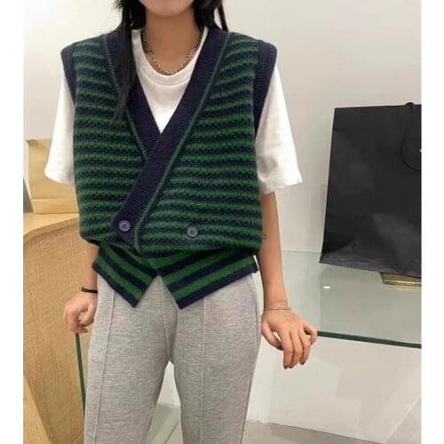 Lamtrip Striped V-neck Single Breasted Sleeveless Knitted Tank Vest 2021 Autumn