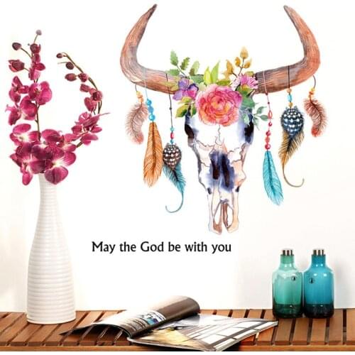 Beautiful Flower Ox Horn Feather Sheep Skull Animal Quote Wall Sticker For Home Decor Wallpaper Living Room Vinyl Wall Decals