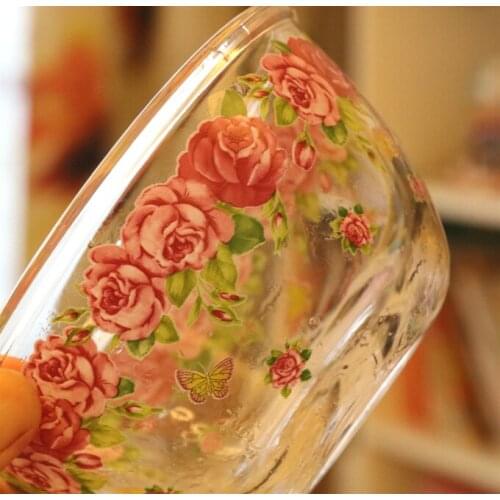 High-grade pink rose pattern lead-free transparent thickened glass bowl with lid rice soup noodle salad bowl fruit bowl