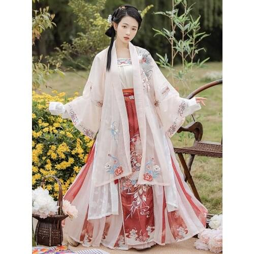 XinHuaEase Hanfu Suit Dresses Womens Traditional Chinese Style Song Dynasty Long Buttonhole Embroidered Ancient Oriental Fairy