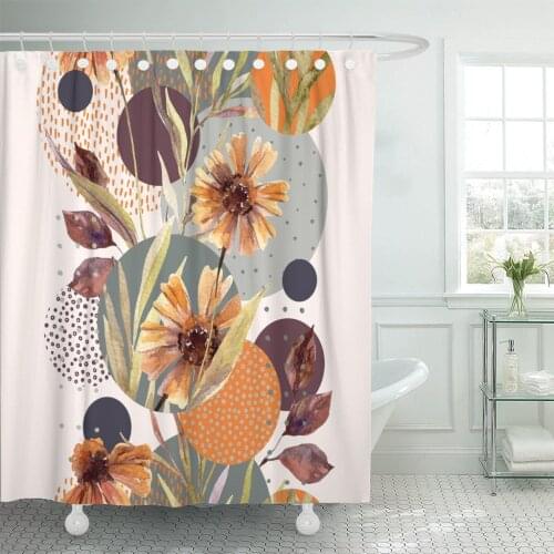 Abstract Floral and Geometric Watercolor Flowers Leaves Circle Shapes Waterproof Polyester Fabric Shower Curtain 60 x 72 inches