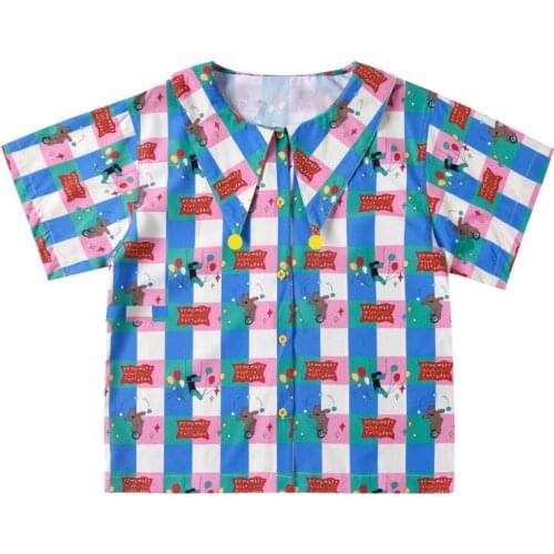 Harakuju Cartoon Print Single Breasted Casual Shirt Women 2021 Summer Short Sleeve Peter Pan Collar Korean Ladeis Top