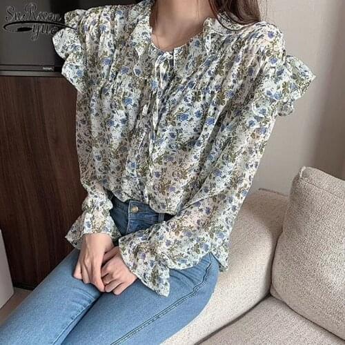 Long Sleeve Womans Blouses Printed Wild Chiffon Blouse 2021 Autumn New Korean Clothes Vintage Ruffled Pink Shirts Woman 10336