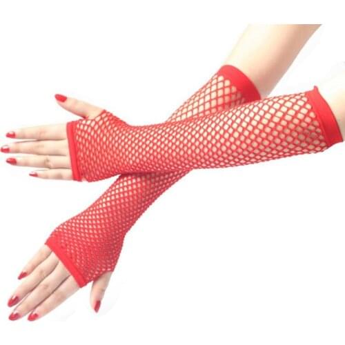 Women Punk Gothic Solid Color Fishnet Half Hand Fingerless Long Golves With Thumb Hole Wrist Length Hollow Out Mittens Disco