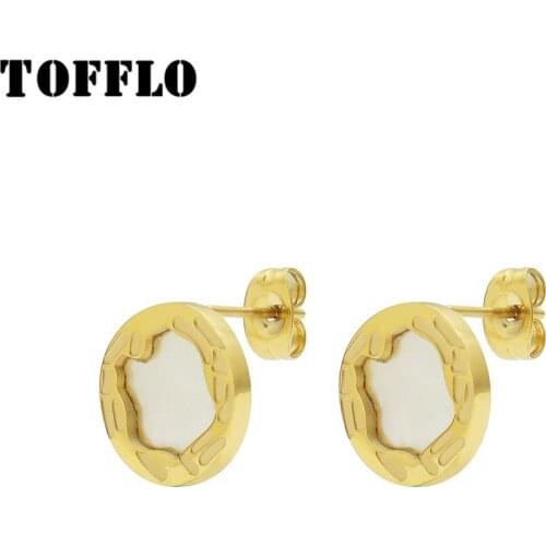 TOFFLO Stainless Steel Jewelry Geometric Shell Carving Earrings 18K Gold Womens Fashion Natural White Sea Shell Earrings BSF504