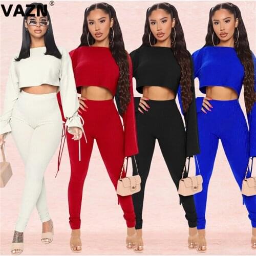 VAZN Young Casual 2020 Sexy Lady Solid 2-Piece 4 Colors Solid Set Full Flare Lace Up Sleeve Short Top Pencil Pants Set Chic Sets
