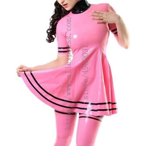 Sweety womens short sleeve tight Fetish pink latex dress bondage including long sltockings with black trims decorations