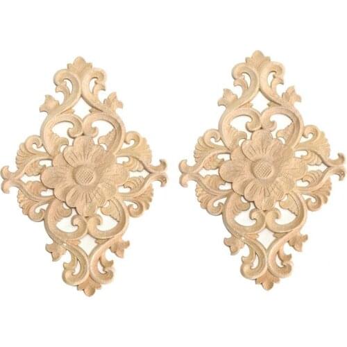21*15Cm Wood Carved Unpainted Onlay Applique Furniture Home Decor, 2Pcs