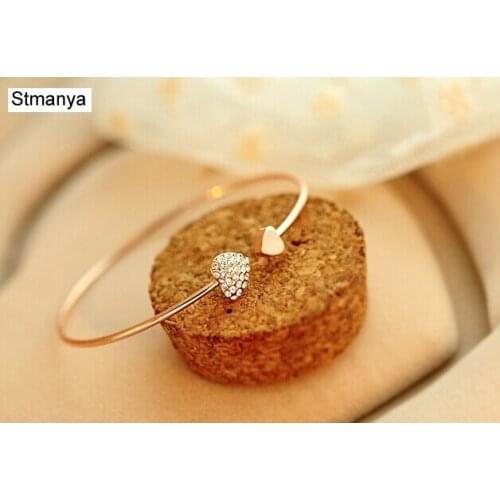 2 Pcs/Lot Heart Bangles -Hot Rhinestone Heart Shape Cuff Bracelet Bangle Lady Girl Party Prom Gift #18006