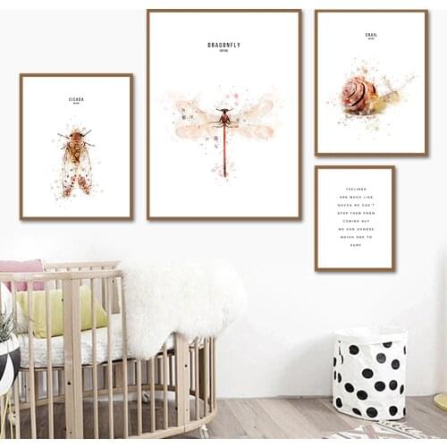 Watercolor Cicada Dragonfly Snail Quote Insect Wall Art Canvas Painting Nordic Posters And Prints Wall Pictures Kids Room Decor