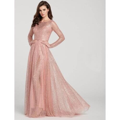 Sequined A-Line Jewel Evening Dresses Floor-Length Pink Long Sleeves Zipper-up Glamorous 2021 Spring Formal Gown