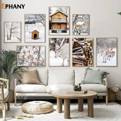 Nordic Winter Snow Landscape Canvas Painting Wood Pile Posters and Prints Reindeer White Birch Road Wall Picture for Living Room