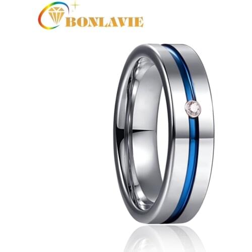 6mm Steel Color Flat Polished Blue Groove Inlaid Zircon Tungsten Carbide Ring Mens Fashion Wedding Jewelry Best Gift