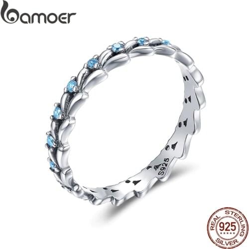 BAMOER Real 100% 925 Sterling Silver Stackable Ring Wheat Wave & Clear CZ Finger Rings for Women Sterling Silver Jewelry SCR162