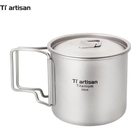 Tiartisan Pure Titanium Cup 350ml Outdoor Ultralight Coffee Mug Portable Folded Handle Picnic Drinkware with Lid
