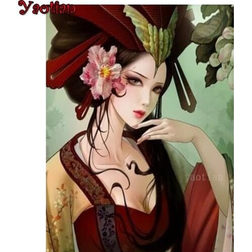 5D Diamond Painting Kit Japanese Woman Geisha Flower Diamond Embroidery Full Square round Drill Beaded DIY Rhinestone Home Decor