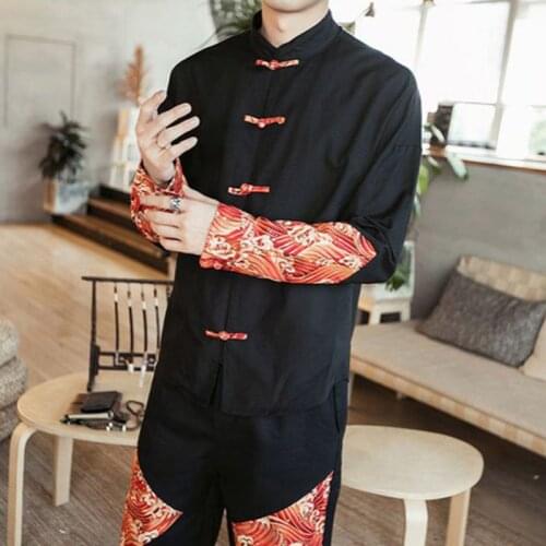 Spring 2020 new mens shirt splice plus-size chinese-style stand collar plate button tang fashion shirt man
