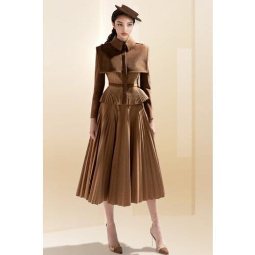 Tailor shop pleated top skirt outfit brown wool cashmere suit dresses for Formal Occasion fall winter outfit