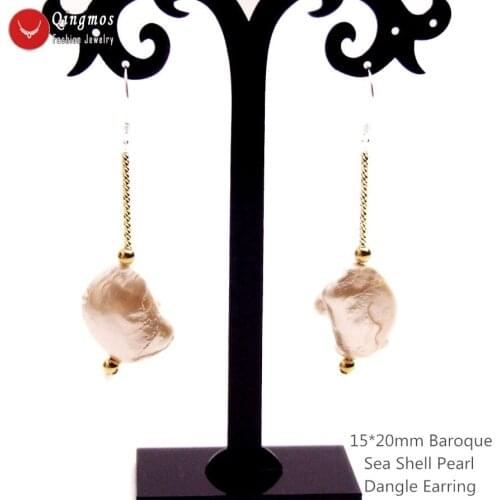 Qingmos Fashion Sea Shell Pearl Earring for Women with 15*20mm Baroque Pink Sea Shell Pearl Dangle Earring Jewelry 2.5'' ear741