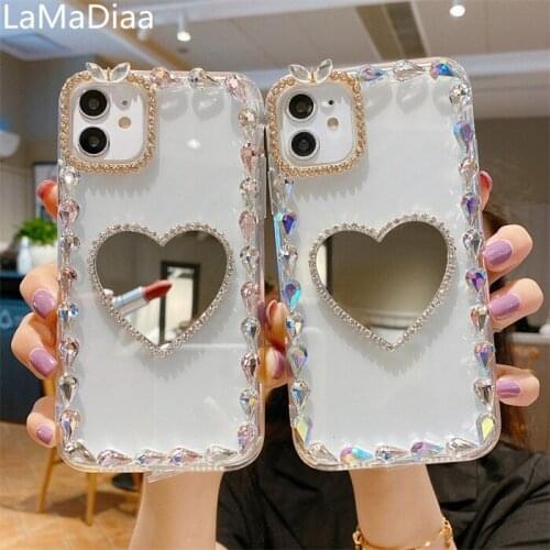 Luxury 3D Love Heart Makeup Mirror Bling Diamond Phone Case For iPhone 11 12 Pro XS Max XR X 6 6S 7 8 Plus Clear Cover Funda