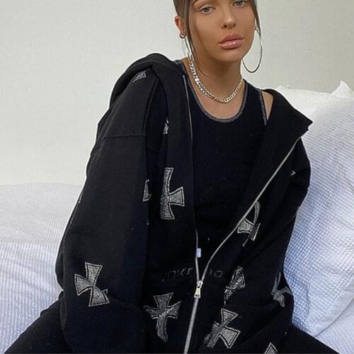 High Street Retro American Rhinestone Hot Rhinestone Cross Jacket Black And White Cardigan Hooded Sweater Womens Pants Set y2k