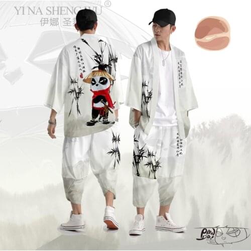 Japanese Kimono Pants Set Men Traditional Harajuku Streetwear Samurai Cardigan Costume Yukata Chinoiserie Panda Pattern Kimono