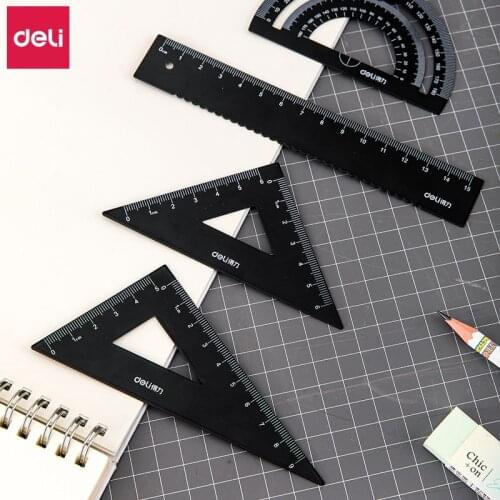 Youpin Deli Metal Ruler Sets 4pcs Stationery Straightedge Triangle Ruler With Wave Line Protractor, Compass Triangle Plate + Box