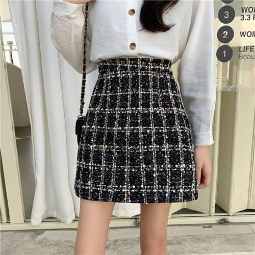 Plaid Woolen Skirt Women High Waist Vintage Tweed Skirts Office Lady Kawaii Cute Mini Pencil Skirt Autumn Plus Size New A033