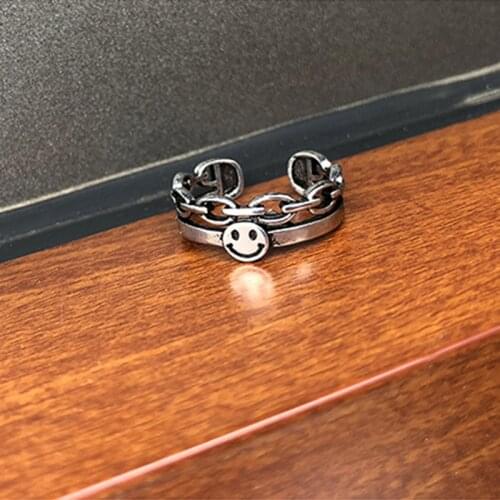 Punk Ancient Silver Color Happy Smiling Face Open Rings For Women Adjustable Stackable Link Twisted Ring Fashion Jewelry